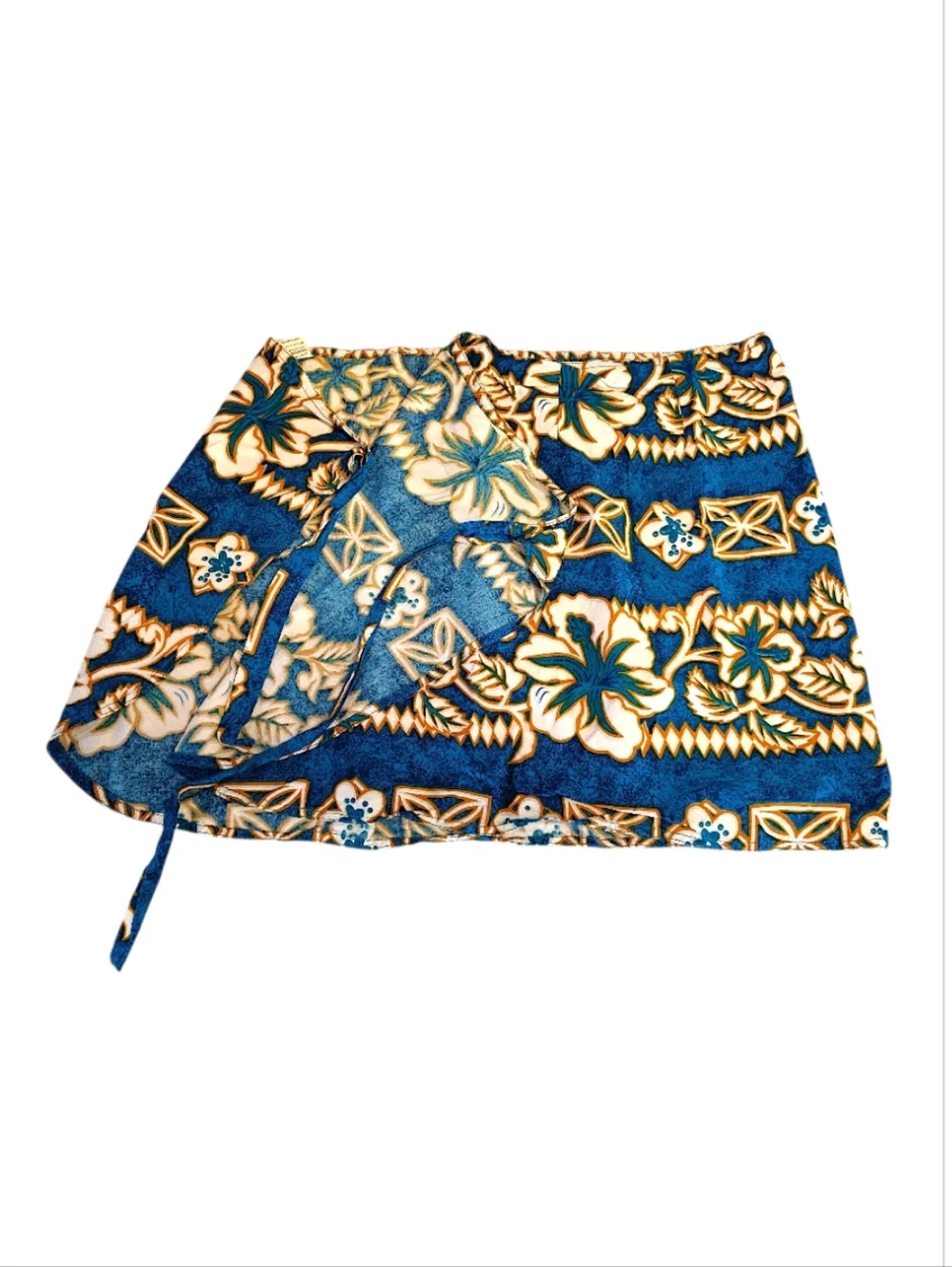 VTG Blue Gold Hawaiian Two Piece Top & Wrap Skirt‎ Cover Up Swim Set *One Size